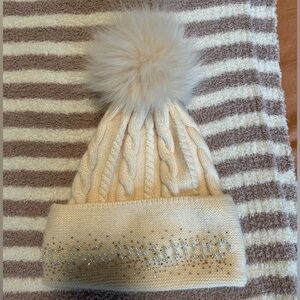 Pink Adrienne Landau Beanie with sparkle detailing and pom pom